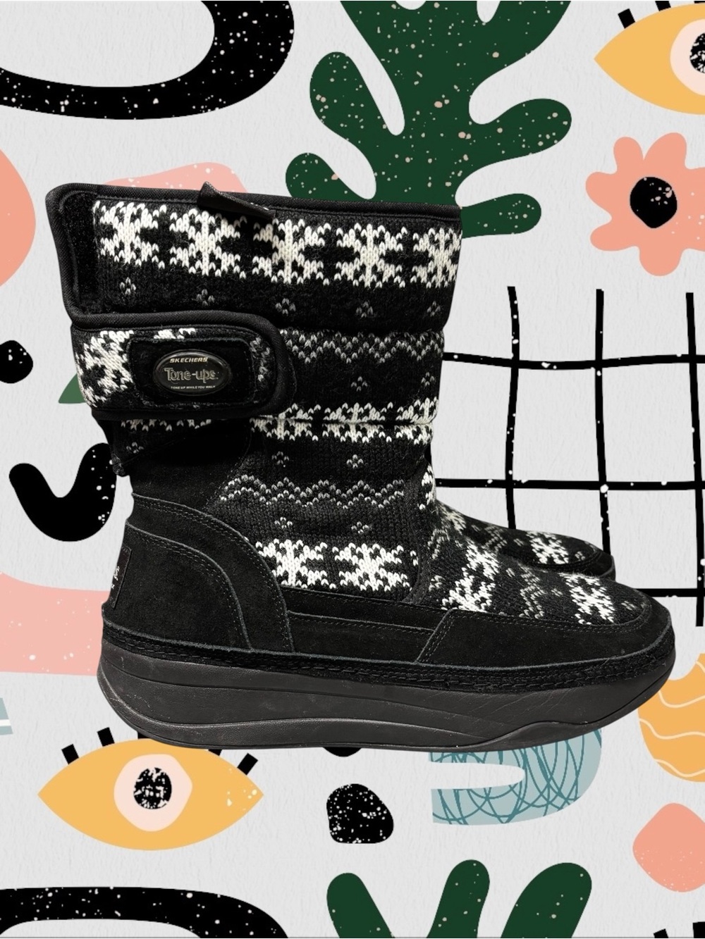 Skechers | Tone-Ups 2010 Black Fair Isle Sweater Knit Boots